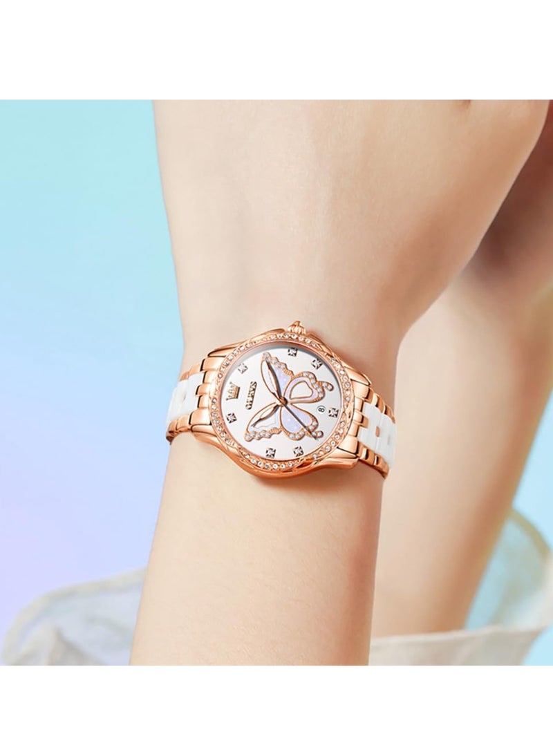 أوليفز ساعة OLEVS النسائية الأنيقة المصنوعة من الفولاذ المقاوم للصدأ والسيراميك بسوار ثنائي اللون ومقاومة للماء 5610 - Image 3