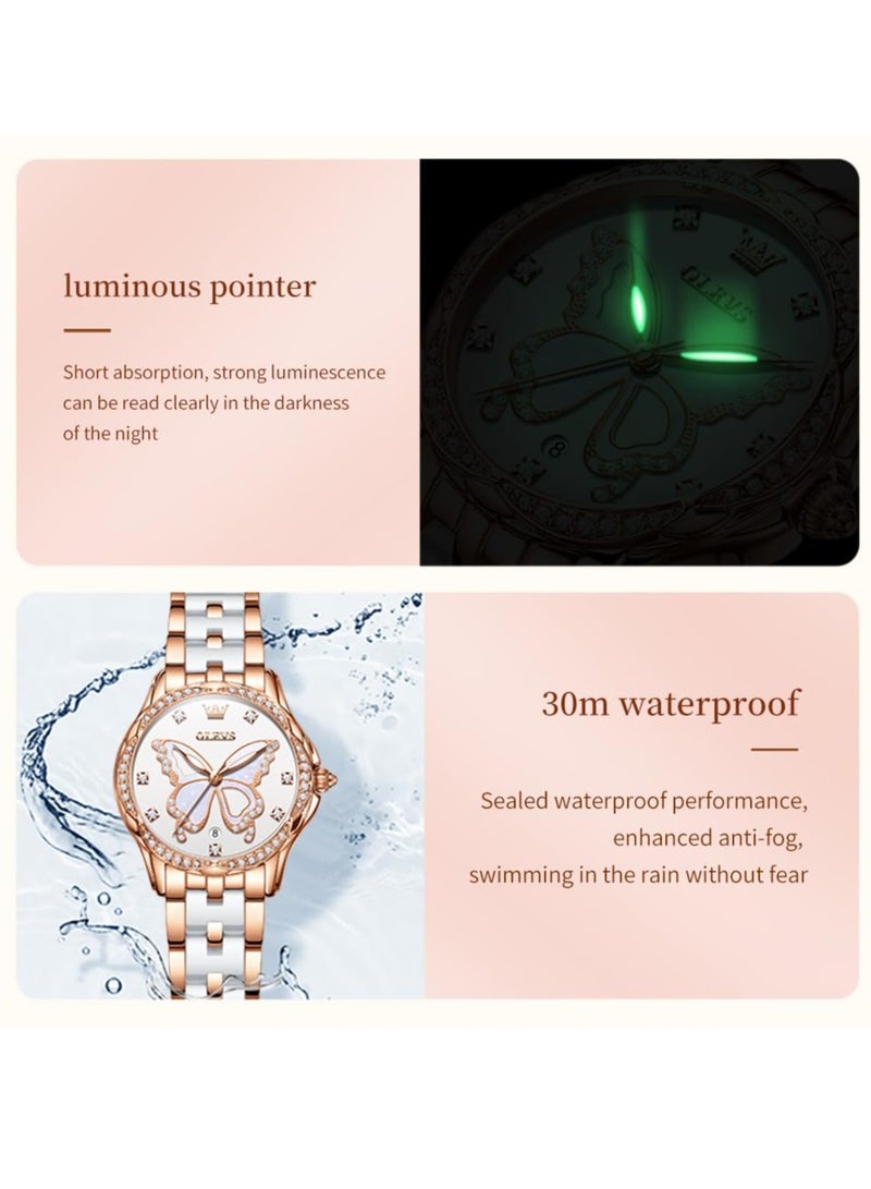 أوليفز ساعة OLEVS النسائية الأنيقة المصنوعة من الفولاذ المقاوم للصدأ والسيراميك بسوار ثنائي اللون ومقاومة للماء 5610 - Image 4