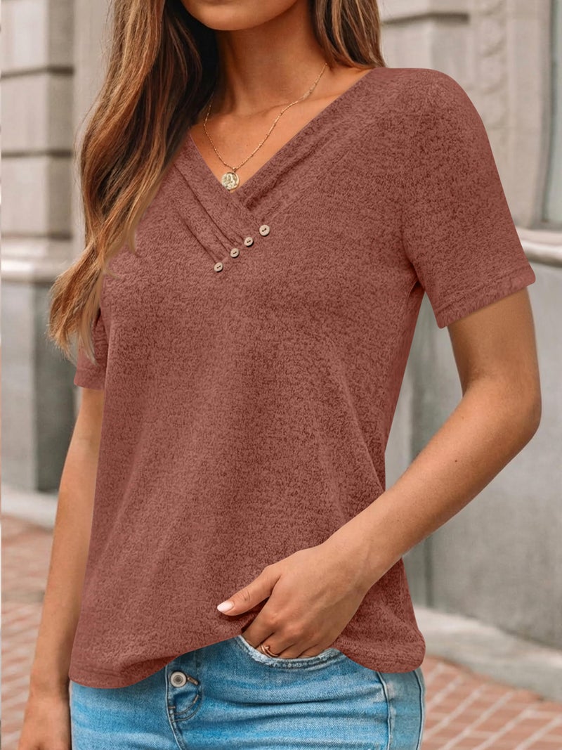 AUTOMET Womens Short Sleeve Tunic Tops Summer Spring Outfits 2026 V Neck Sweaters Button Shirts Dressy Casual Business Blouses Caramel L - Image 3