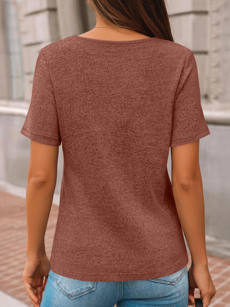 AUTOMET Womens Short Sleeve Tunic Tops Summer Spring Outfits 2026 V Neck Sweaters Button Shirts Dressy Casual Business Blouses Caramel L - Image 4
