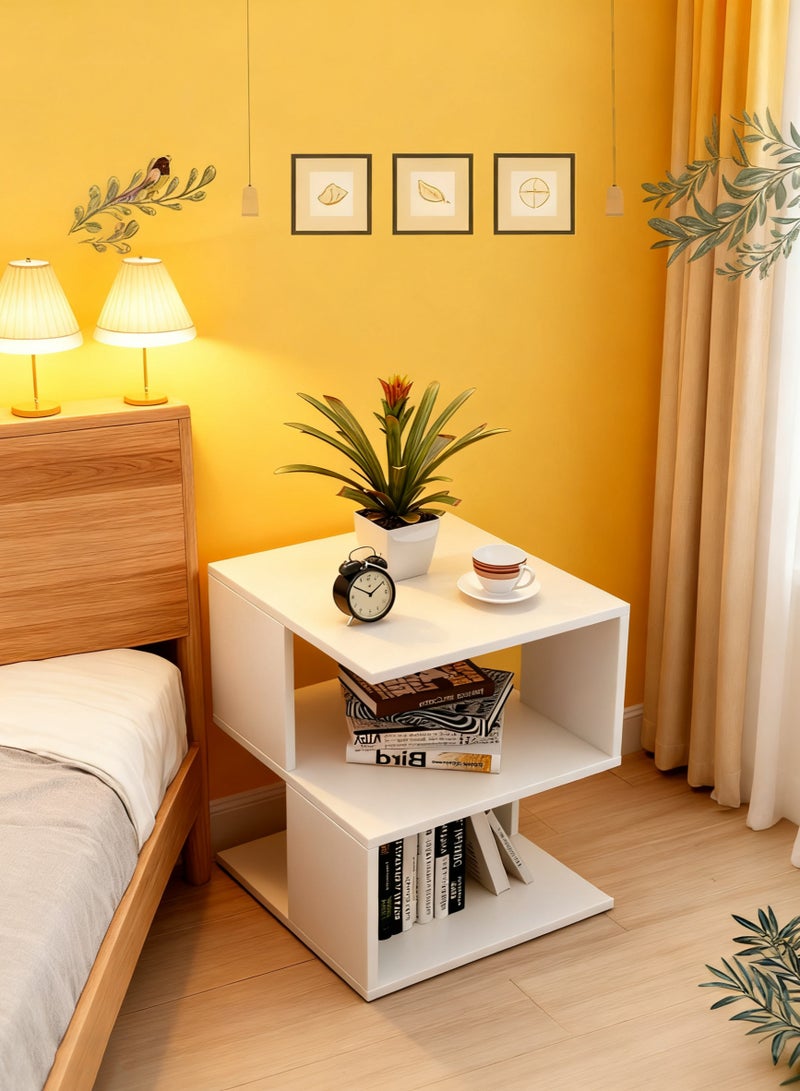 طاولة سرير حديثة، طاولة سرير إبداعية، طاولة سرير بسيطة، طاولة جانبية مع رفين مفتوحين لتخزين غرفة النوم، 40*40*53 سم، أبيض - Image 1