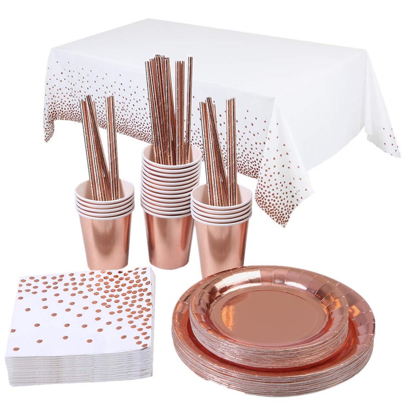 TOPWAYS Rose Gold Birthday Decorations Party Tableware Set Disposable Paper Party Plates Cups Napkins Tablecloth Decorations for Kids Women Men Birthday Weddings Picnics Anniversary 16 Guests