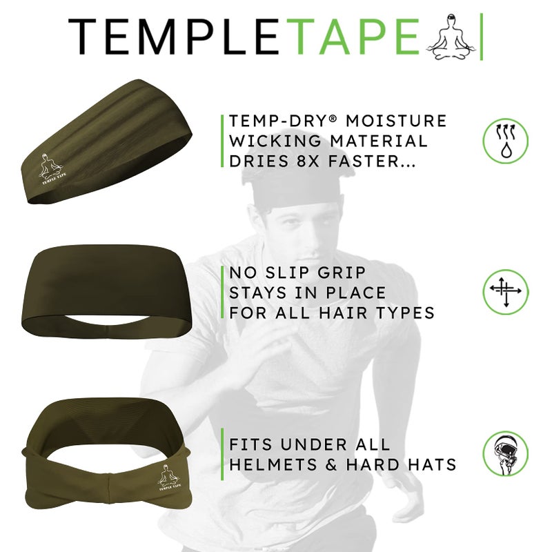 Temple Tape أشرطة عرق للتمارين الرياضية للنساء والرجال - أشرطة عرق للرجال - أشرطة رياضية لامتصاص العرق للنساء، الجري، ركوب الدراجات، اليوغا، كرة القدم لون: [عبوة 2] 1-أسود و 1-أخضر عسكري - Image 5