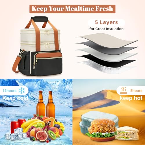 holuxer Insulated Lunch Bag & Lunch Box for Women - Double Deck Reusable Lunch Bag for men Tote Cooler Bag Leakproof Soft Expandable - Large Lunchbox for Work/Adult/Picnic/Outdoor (Coffee Black，15L) - Image 5