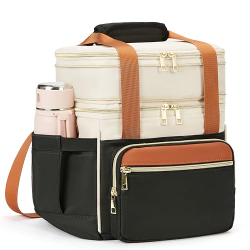 holuxer Insulated Lunch Bag & Lunch Box for Women - Double Deck Reusable Lunch Bag for men Tote Cooler Bag Leakproof Soft Expandable - Large Lunchbox for Work/Adult/Picnic/Outdoor (Coffee Black，15L) - Image 1