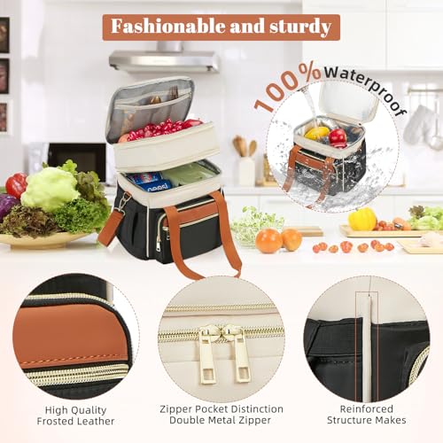 holuxer Insulated Lunch Bag & Lunch Box for Women - Double Deck Reusable Lunch Bag for men Tote Cooler Bag Leakproof Soft Expandable - Large Lunchbox for Work/Adult/Picnic/Outdoor (Coffee Black，15L) - Image 4