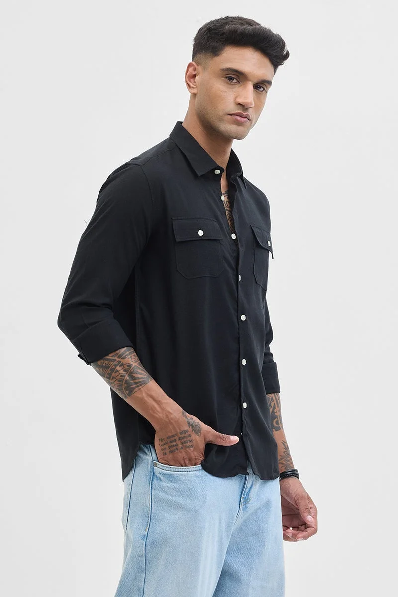 سنيتش Black Solid Long Sleeve Regular Fit Shirt
