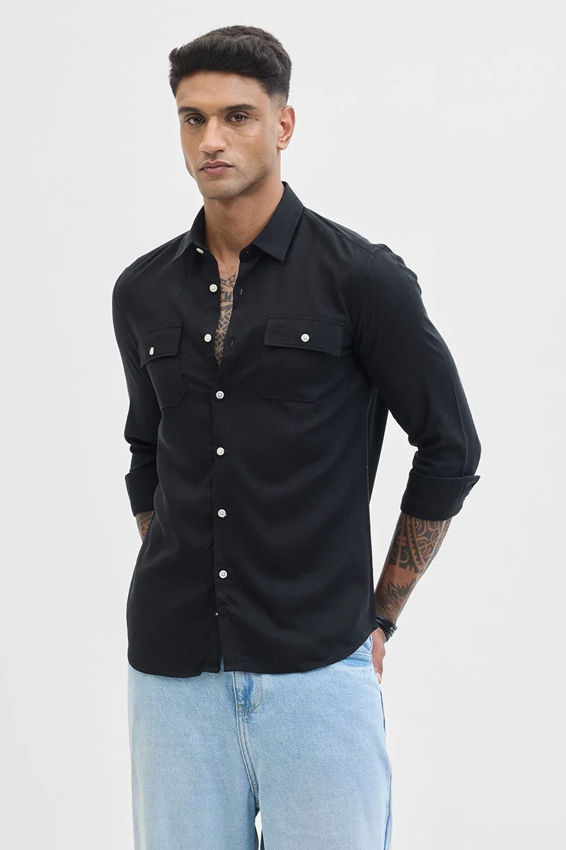 سنيتش Black Solid Long Sleeve Regular Fit Shirt