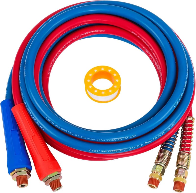 CheeMuii 15 FT Semi Truck Air Line Hose Assembly - Rubber Air Brake Hoses with Flexible Grips & DOT Fittings (Red & Blue) - Image 1