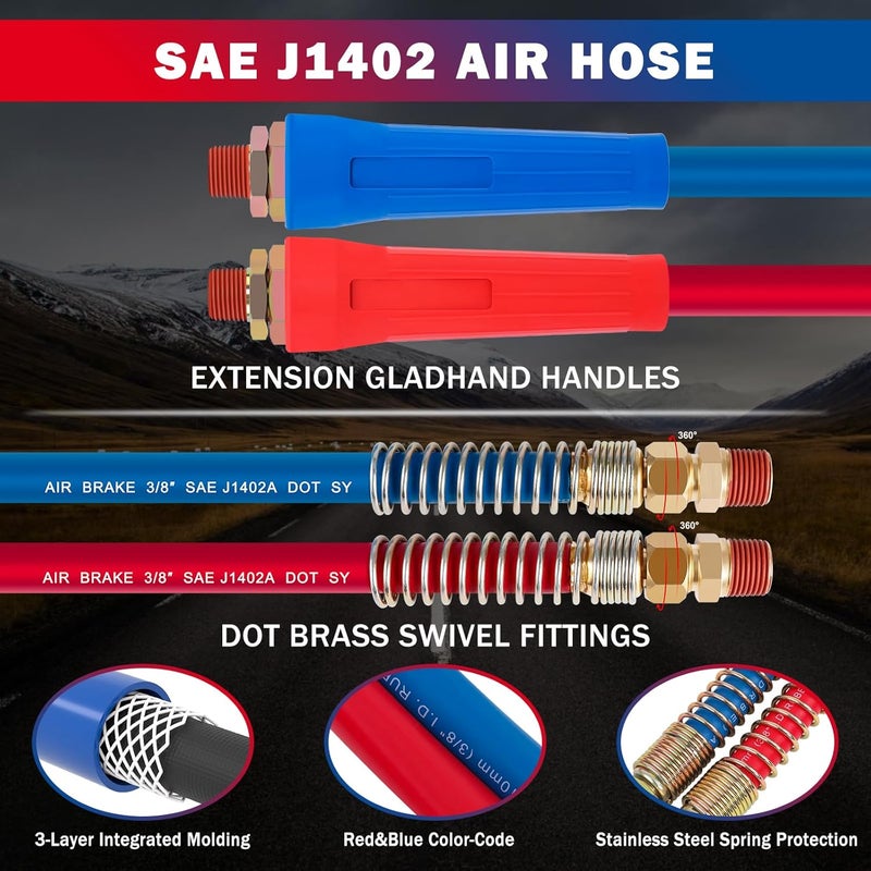 CheeMuii 15 FT Semi Truck Air Line Hose Assembly - Rubber Air Brake Hoses with Flexible Grips & DOT Fittings (Red & Blue) - Image 2