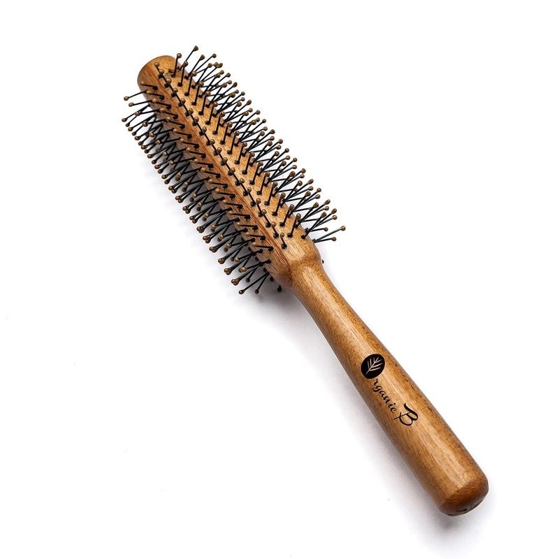 Organic B Wooden Round Hair Brush Unisex Adds Curls Volume Waves For Blowout Straightening Styling Scalp Massage Quick Drying - Image 1