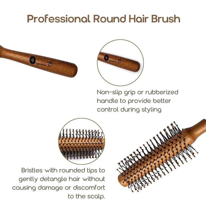 Organic B Wooden Round Hair Brush Unisex Adds Curls Volume Waves For Blowout Straightening Styling Scalp Massage Quick Drying - Image 3