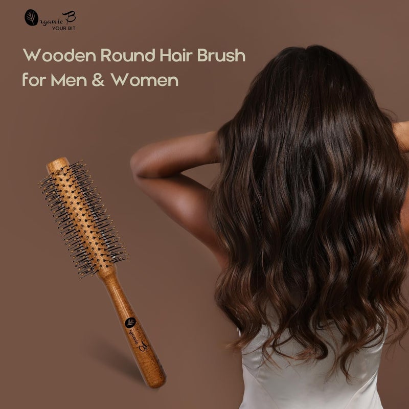 Organic B Wooden Round Hair Brush Unisex Adds Curls Volume Waves For Blowout Straightening Styling Scalp Massage Quick Drying - Image 2