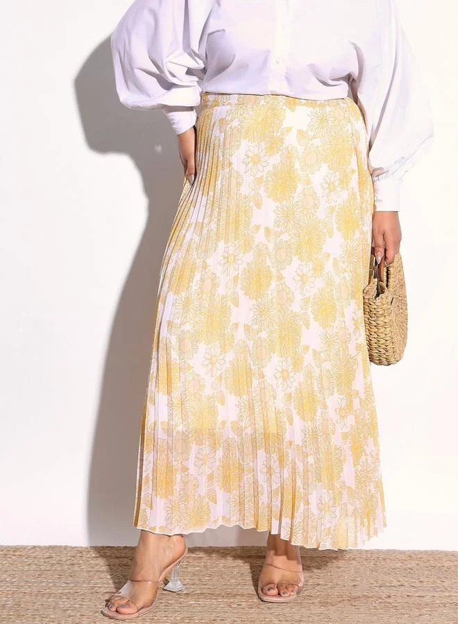 Sassafras Plus Size Yellow Floral Print Accordion Pleated Maxi Skirt