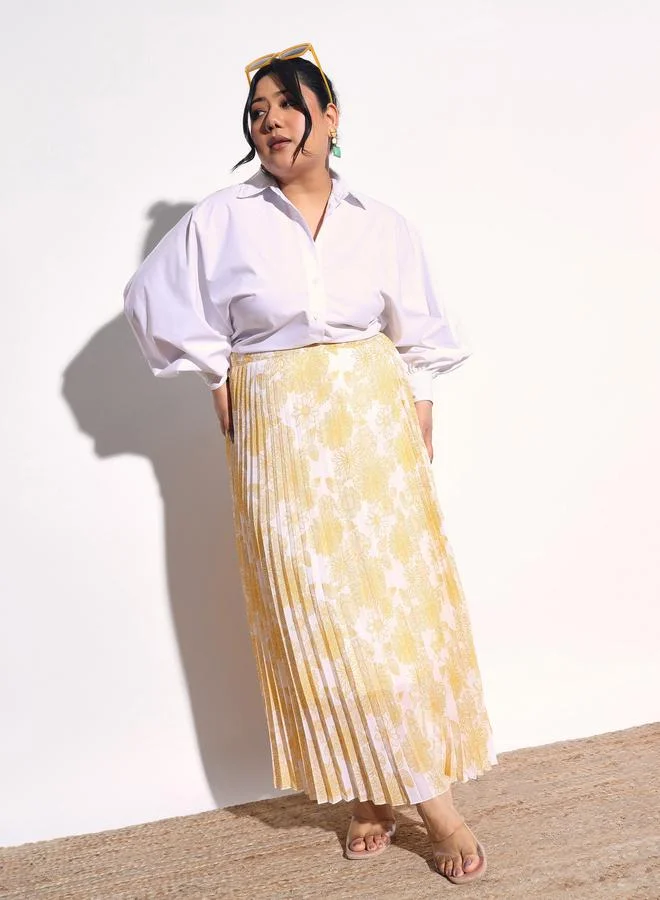 Sassafras Plus Size Yellow Floral Print Accordion Pleated Maxi Skirt