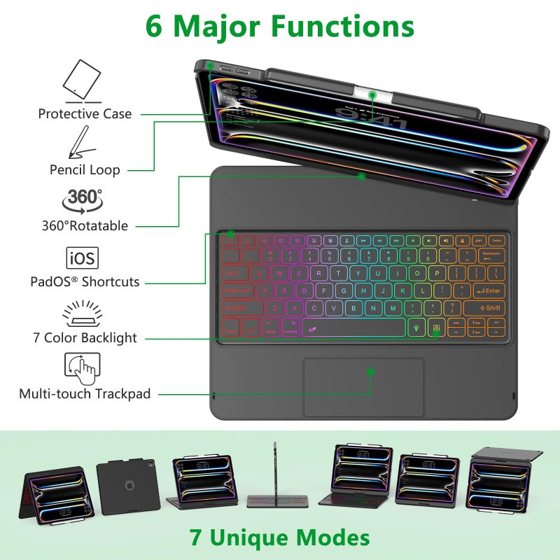 TQQ iPad Pro 13-inch Case with Keyboard (M5 2025 / M4 2024), iPad Pro 13 Keyboard Case with Pencil Holder, Multi-Touch Trackpad, 360Â° Rotatable, 7-Color Backlit, Thin & Light (Black) - Image 3