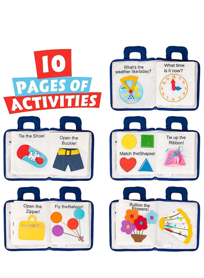MIXDE كتاب الأنشطة الهادئ - لعبة سفر كتاب قماش للأطفال الصغار - 10 مواضيع، أنشطة للتعلم المبكر حول المهارات الأساسية للحياة للأطفال الصغار، كتاب تفاعلي للأولاد والبنات المشغولين (أزرق) - Image 3