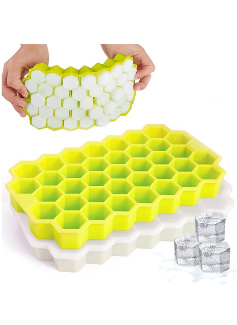 COOLBABY 2 pcs ice cube trays, silicone ice cube molds with sealing lid, 74-ice trays, reusable, safe hexagonal ice cube molds.Yellow