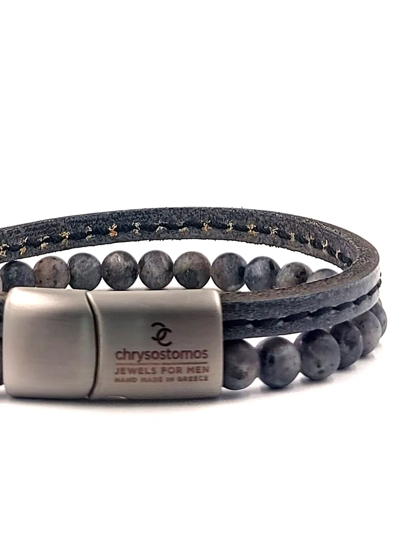 CHRYSOSTOMOS Handmade Leather Bracelet for Men with Double Grey Leather Strap and Matte Larvikite