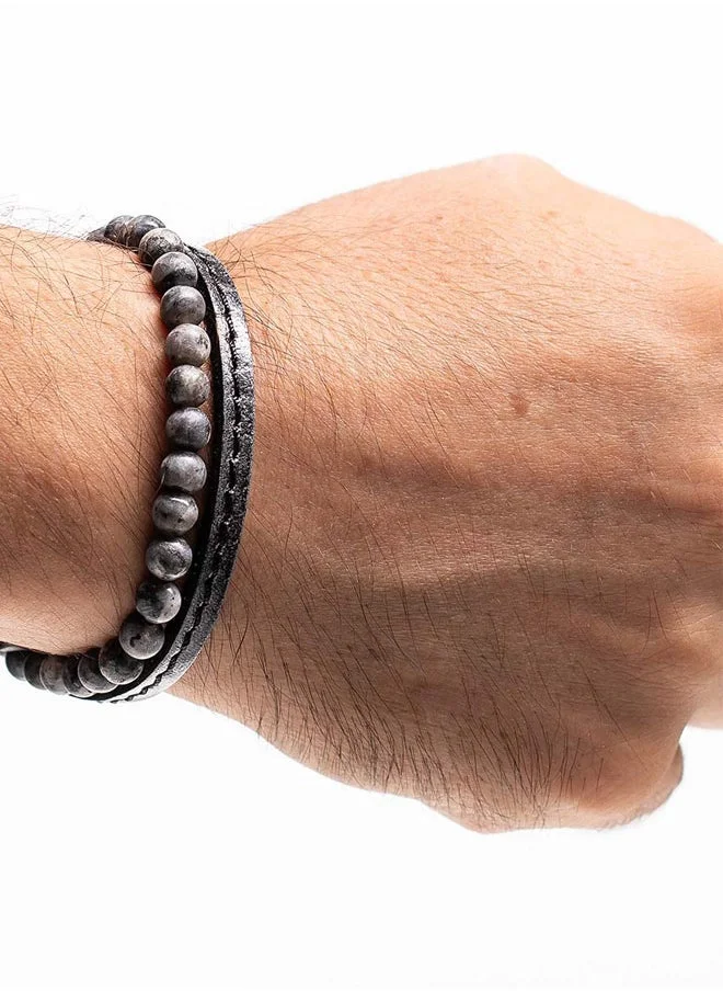 CHRYSOSTOMOS Handmade Leather Bracelet for Men with Double Grey Leather Strap and Matte Larvikite