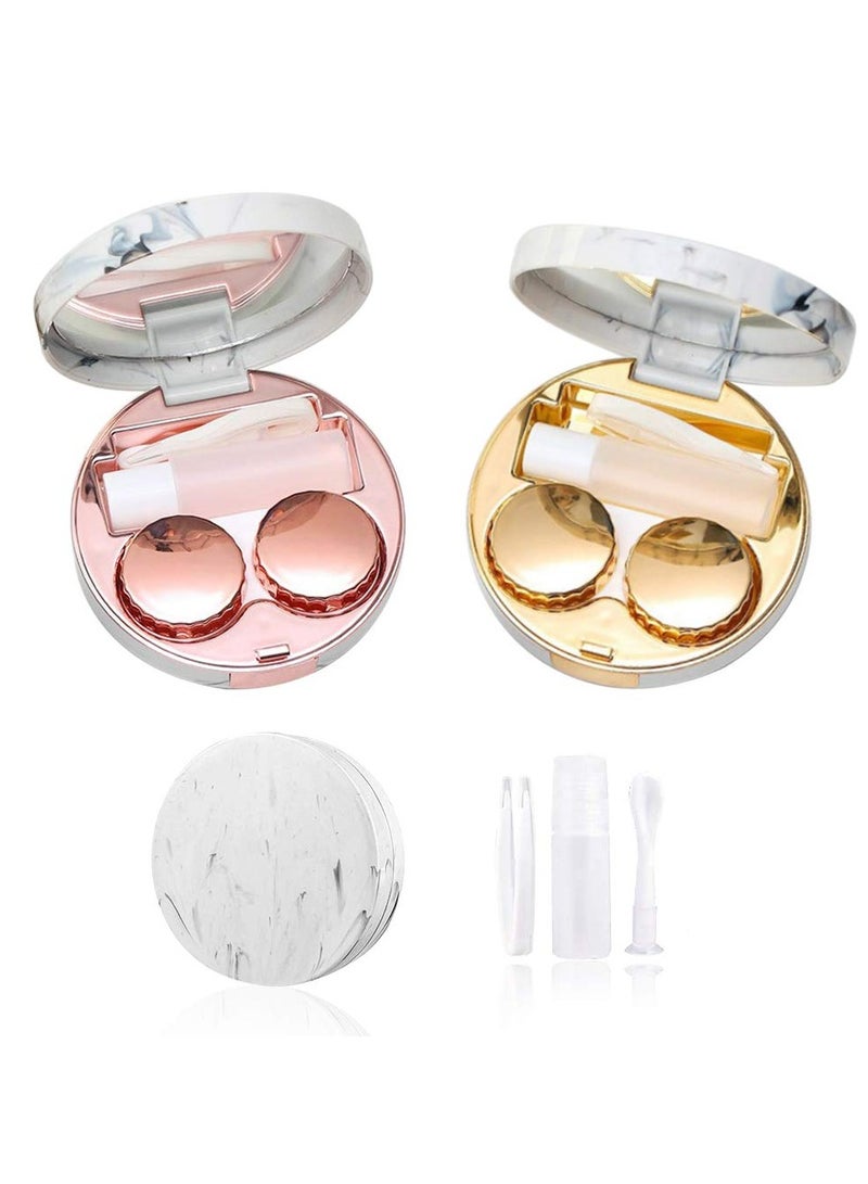 سانموجيد 2 قطعة علبة عدسات لاصقة رخامية مستديرة من الرخام، علبة عدسات لاصقة محمولة مع مرآة، علبة صغيرة لحامل العدسات اللاصقة للسفر - Image 1