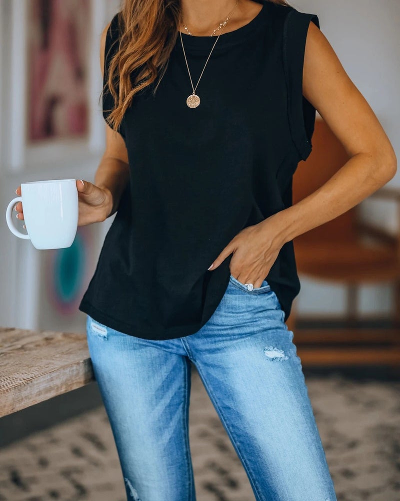 9 Colors 5 Sizes 2022 Popular Wish Cross-border Women's Clothing European and American Round Neck Tie-Dye Solid Color Tank Top T-Shirt Top black L - Image 1
