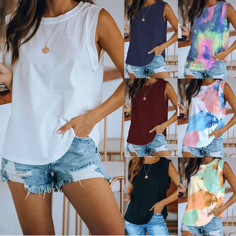 9 Colors 5 Sizes 2022 Popular Wish Cross-border Women's Clothing European and American Round Neck Tie-Dye Solid Color Tank Top T-Shirt Top black L - Image 5