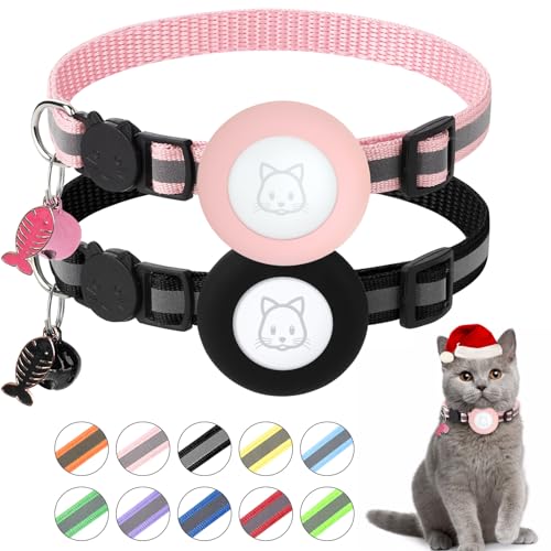 SimpleThings Airtag Cat Collar Air tag Cat Collar with Bell and Safety Buckle in 38 Width Reflective Collar with Waterproof Airtag Holder Compatible with Apple Airtag for Cat Dog Kitten Puppy BlackPink - Image 1