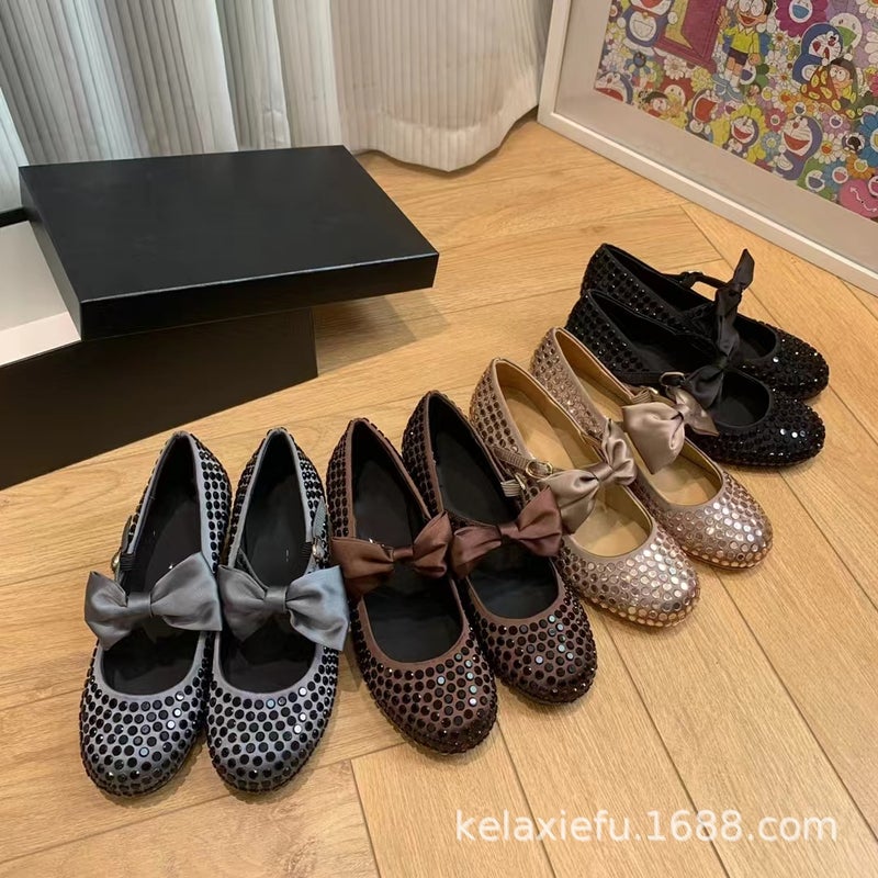 High-End Quality Style Small Fragrant Bow Rhinestone Shallow Mouth Round Toe Thick Heel One-Word Buckle Mary Jane Shoes - Image 2
