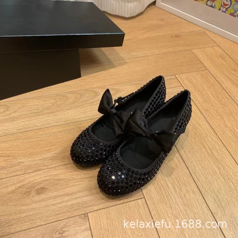 High-End Quality Style Small Fragrant Bow Rhinestone Shallow Mouth Round Toe Thick Heel One-Word Buckle Mary Jane Shoes - Image 1