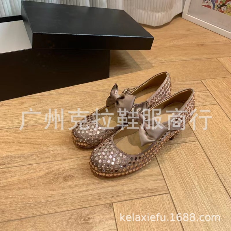 High-End Quality Style Small Fragrant Bow Rhinestone Shallow Mouth Round Toe Thick Heel One-Word Buckle Mary Jane Shoes - Image 3