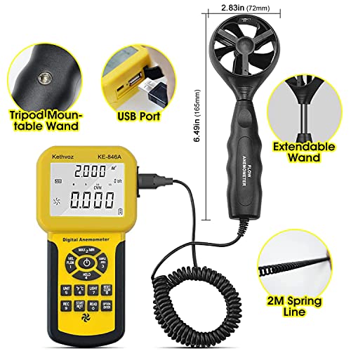 Kethvoz 846A HVAC Anemometer CFM Wind Speed Meter, Digital Airflow Tester Measure Air Velocity Volume Temperature for AC System, Industrial Anemometro with Backlight MAX MIN AVG Data Storage - Image 5
