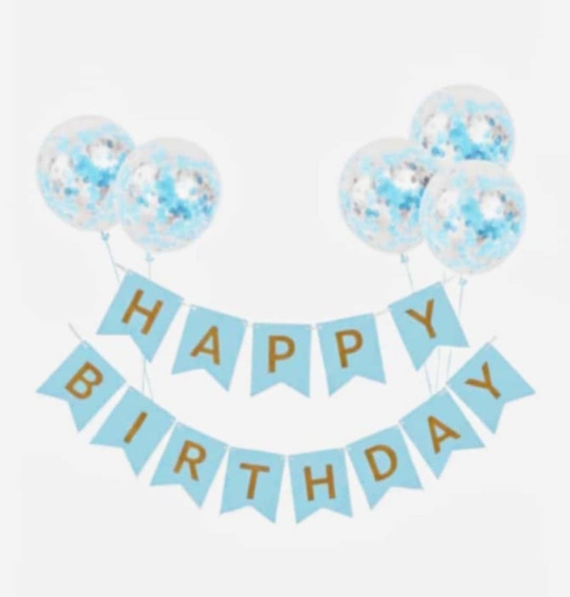 Blue and Gold Happy Birthday Banner Set with Confetti Balloons, Party Decoration Kit, Premium Paper Bunting Flags