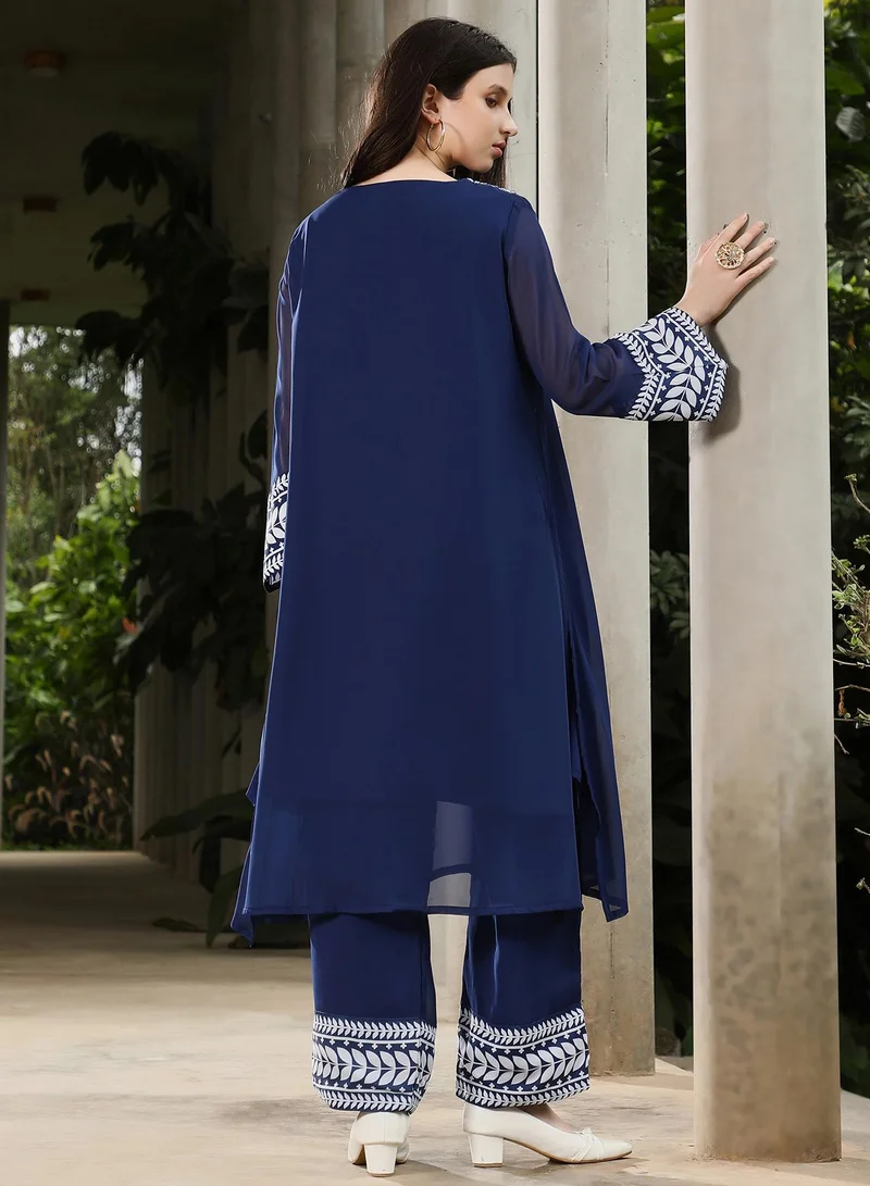 Qissa  Qissa Women's Indigo Blue Indie Leaf-Lined Imprint Kurta Set For Ethnic Wear | V-Neck, Long Flared Sleeves | Floral Placement Print Plain Fabric | 2 Piece Kurta Set Designed For Casual & Evening Wear for Women | Best Price UAE