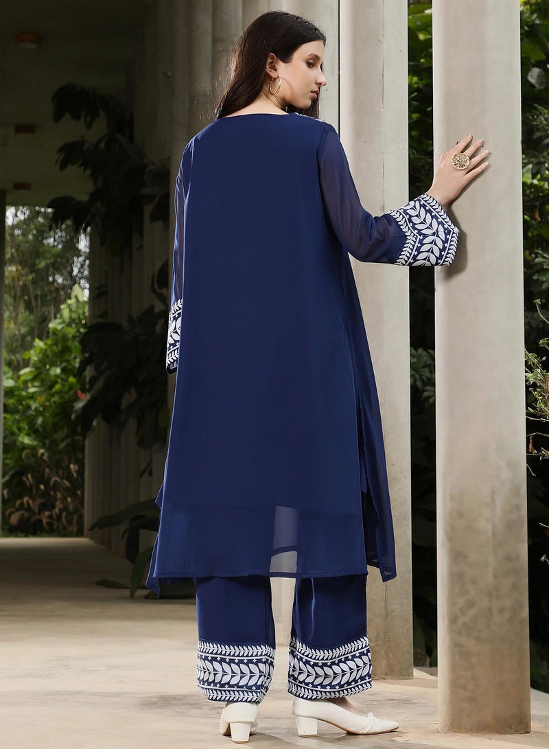 Qissa Women's Indigo Blue Indie Leaf-Lined Imprint Kurta Set For Ethnic Wear | V-Neck, Long Flared Sleeves | Floral Placement Print Plain Fabric | 2 Piece Kurta Set Designed For Casual & Evening Wear - Image 5