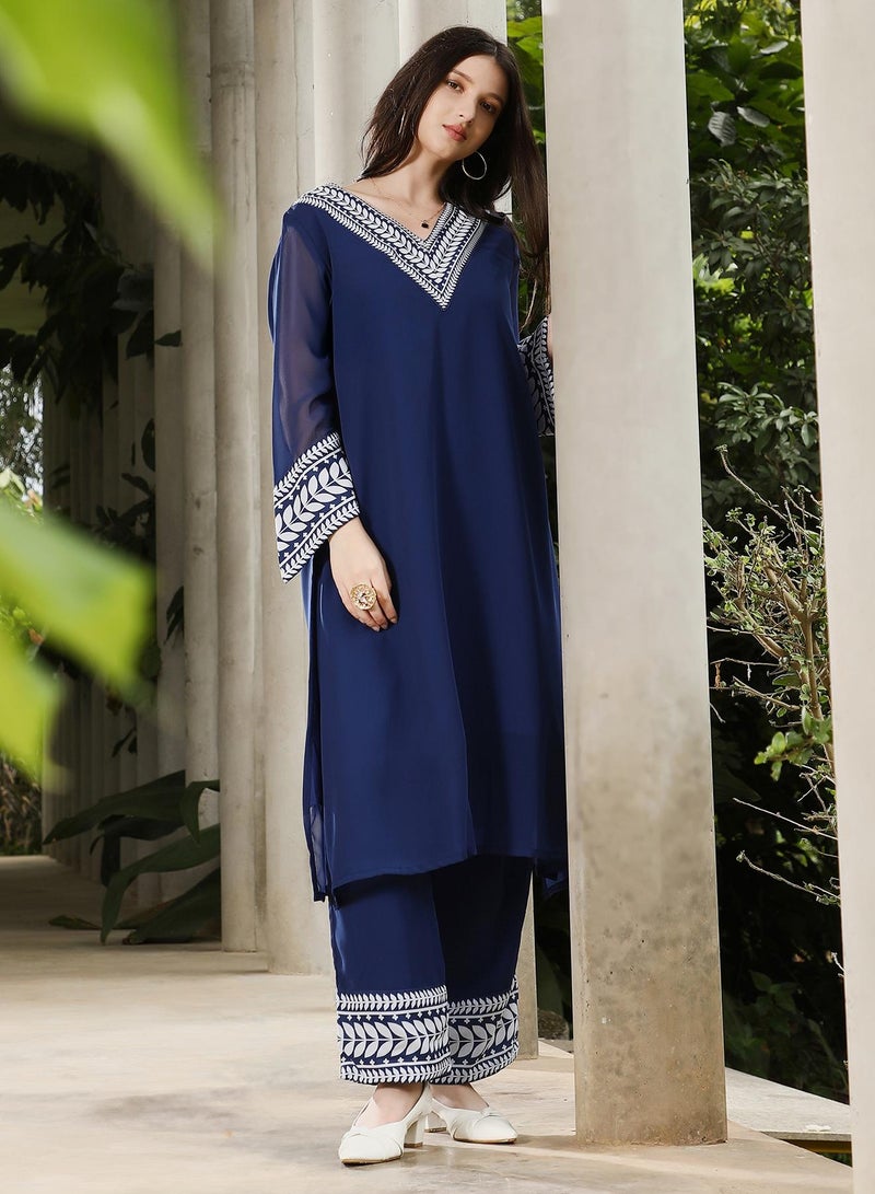 Qissa Women's Indigo Blue Indie Leaf-Lined Imprint Kurta Set For Ethnic Wear | V-Neck, Long Flared Sleeves | Floral Placement Print Plain Fabric | 2 Piece Kurta Set Designed For Casual & Evening Wear - Image 3