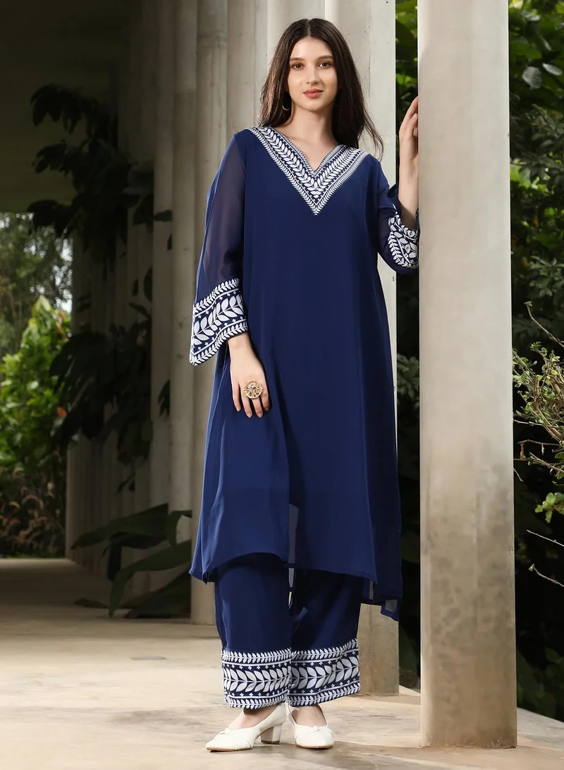 QISSA Qissa Women's Indigo Blue Indie Leaf-Lined Imprint Kurta Set For Ethnic Wear | V-Neck, Long Flared Sleeves | Floral Placement Print Plain Fabric | 2 Piece Kurta Set Designed For Casual & Evening Wear