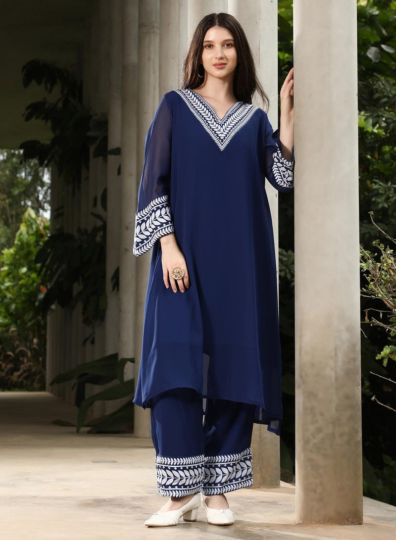 Qissa Women's Indigo Blue Indie Leaf-Lined Imprint Kurta Set For Ethnic Wear | V-Neck, Long Flared Sleeves | Floral Placement Print Plain Fabric | 2 Piece Kurta Set Designed For Casual & Evening Wear - Image 1