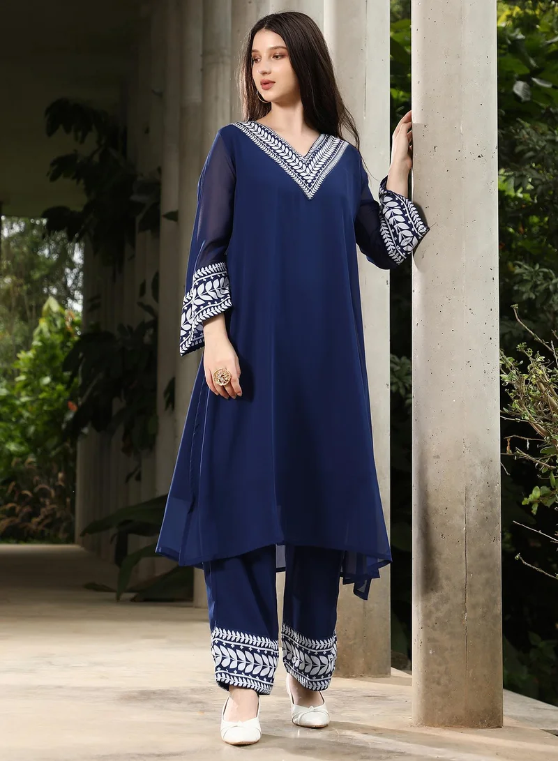 QISSA Qissa Women's Indigo Blue Indie Leaf-Lined Imprint Kurta Set For Ethnic Wear | V-Neck, Long Flared Sleeves | Floral Placement Print Plain Fabric | 2 Piece Kurta Set Designed For Casual & Evening Wear