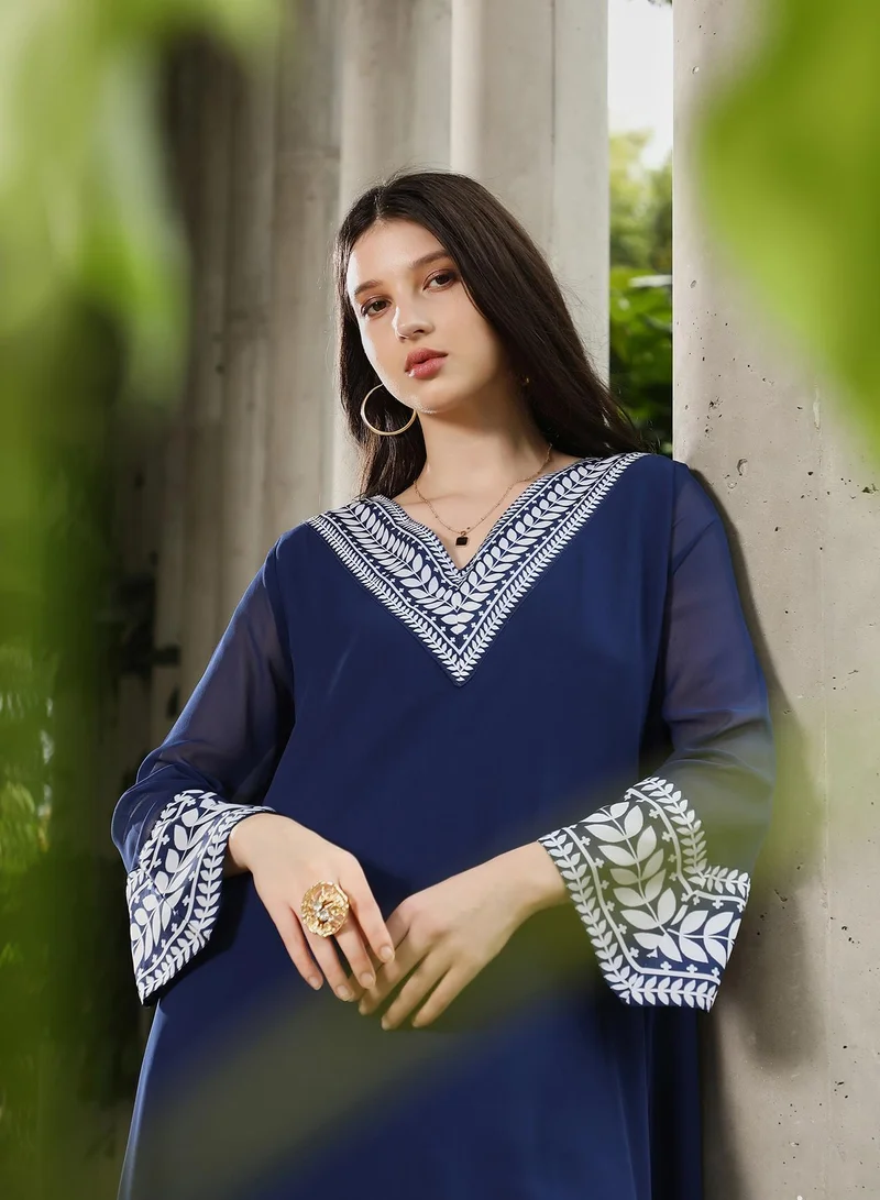 Qissa  Qissa Women's Indigo Blue Indie Leaf-Lined Imprint Kurta Set For Ethnic Wear | V-Neck, Long Flared Sleeves | Floral Placement Print Plain Fabric | 2 Piece Kurta Set Designed For Casual & Evening Wear for Women | Best Price UAE
