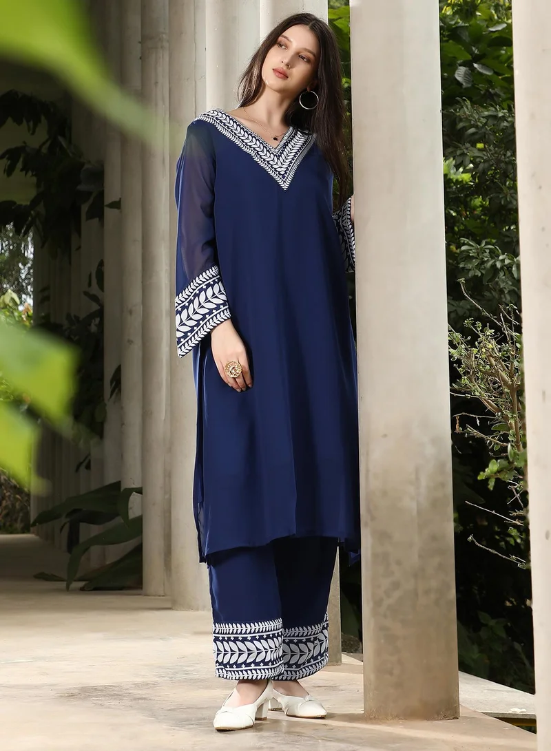 Qissa  Qissa Women's Indigo Blue Indie Leaf-Lined Imprint Kurta Set For Ethnic Wear | V-Neck, Long Flared Sleeves | Floral Placement Print Plain Fabric | 2 Piece Kurta Set Designed For Casual & Evening Wear for Women | Best Price UAE