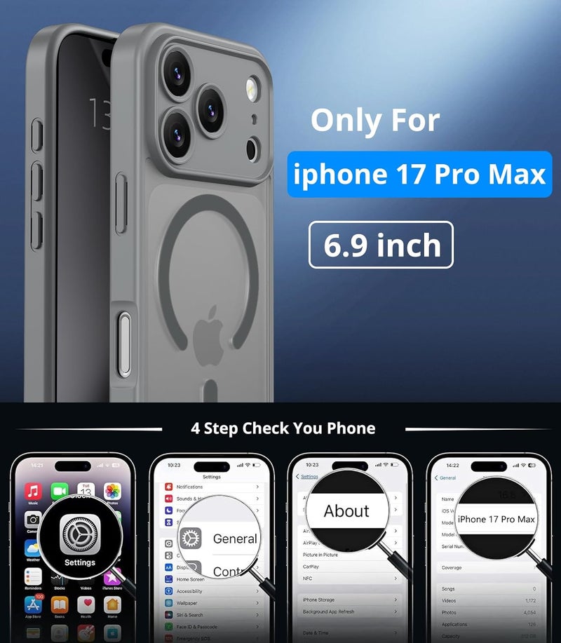 حافظ�� مغناطيسية لـ iPhone 17 Pro Max مع زجاج واقي واحد، متوافقة مع Magsafe، حماية من السقوط وفق المعايير العسكرية، ظهر غير لامع شفاف، حافظة هاتف مقاومة للصدمات، رمادي تيتانيوم - Image 4