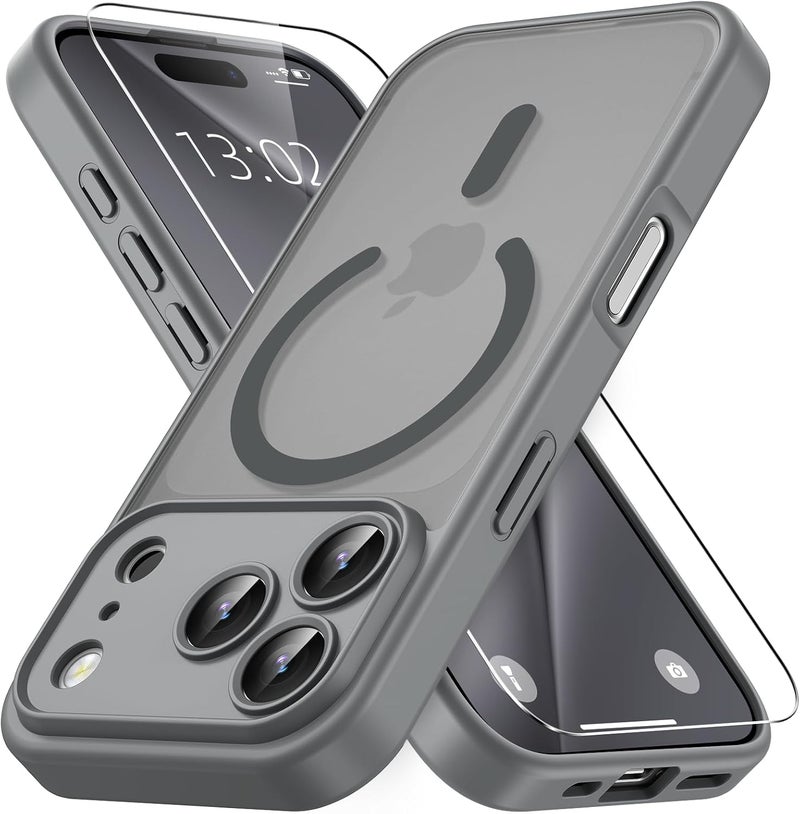 حافظ�� مغناطيسية لـ iPhone 17 Pro Max مع زجاج واقي واحد، متوافقة مع Magsafe، حماية من السقوط وفق المعايير العسكرية، ظهر غير لامع شفاف، حافظة هاتف مقاومة للصدمات، رمادي تيتانيوم - Image 1