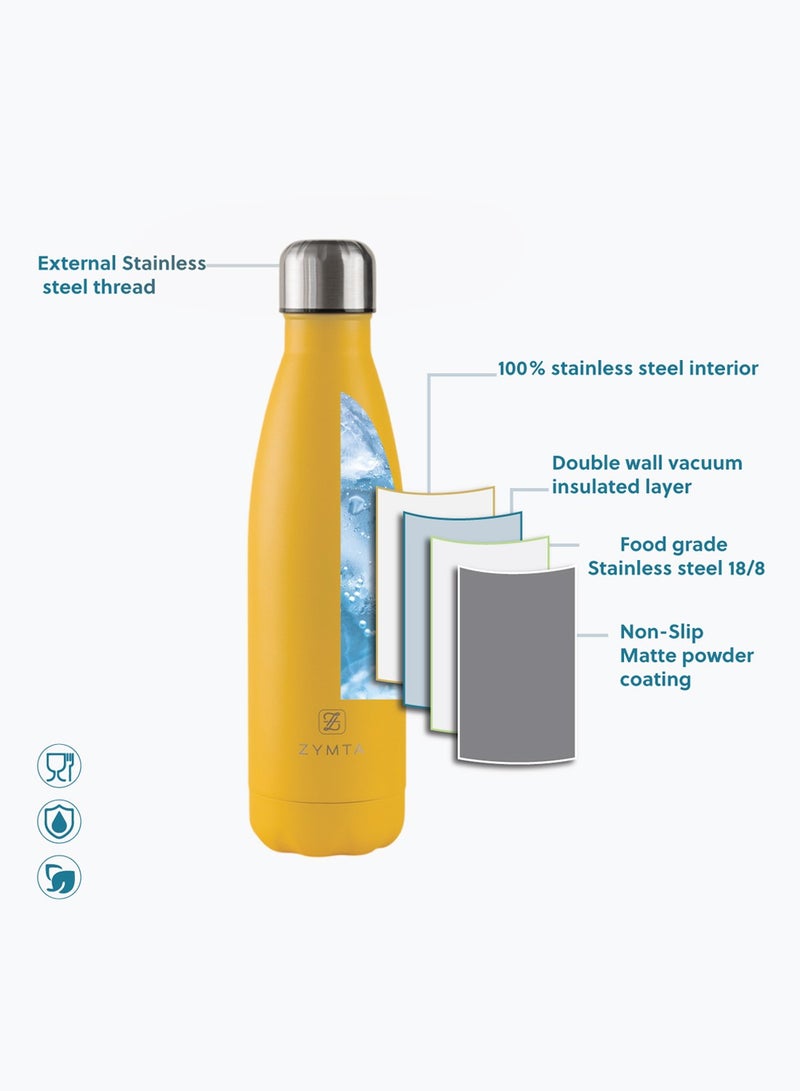 ZYMTA 500ML Stainless Steel Water Bottle | Double-Walled Vacuum Insulated Flask for Hot & Cold Drinks - Leak-Proof & BPA-Free - Yellow - Image 5