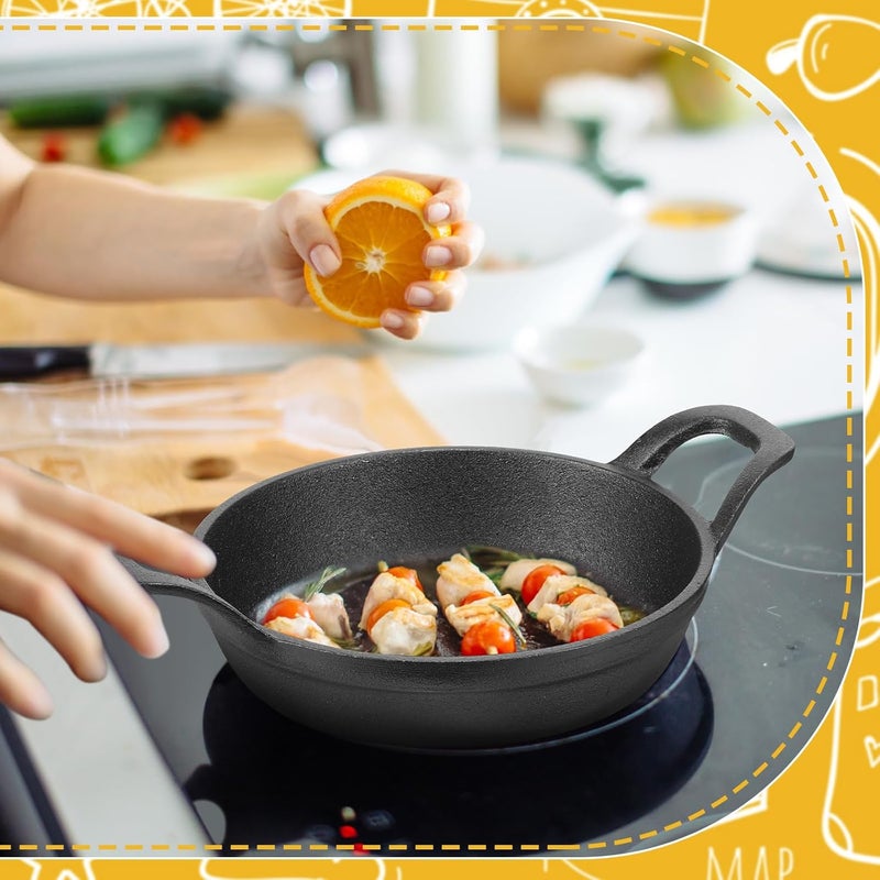 FoldTier 2 Set Mini Cast Iron Skillet Small Cast Iron Plates Skillet with Wooden Base Small Round Pan Heavy Duty Fajita Plate Pot for Baking Cooking for Kitchen Restaurant Barbecue(6.3 Inches) - Image 3