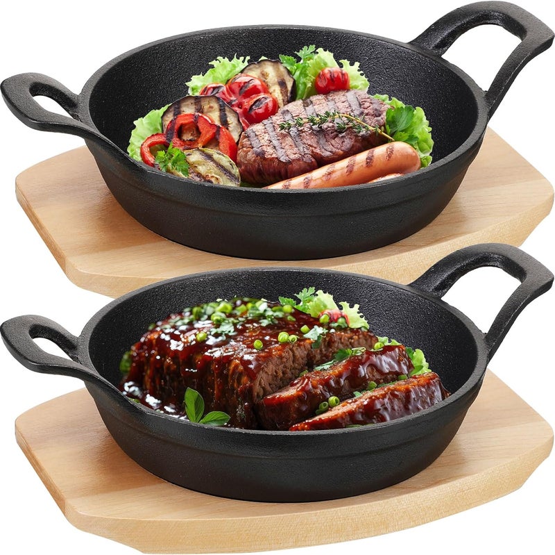 FoldTier 2 Set Mini Cast Iron Skillet Small Cast Iron Plates Skillet with Wooden Base Small Round Pan Heavy Duty Fajita Plate Pot for Baking Cooking for Kitchen Restaurant Barbecue(6.3 Inches) - Image 1