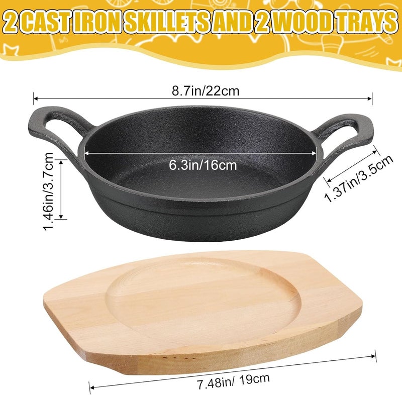 FoldTier 2 Set Mini Cast Iron Skillet Small Cast Iron Plates Skillet with Wooden Base Small Round Pan Heavy Duty Fajita Plate Pot for Baking Cooking for Kitchen Restaurant Barbecue(6.3 Inches) - Image 2