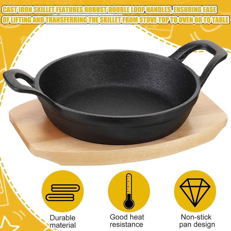 FoldTier 2 Set Mini Cast Iron Skillet Small Cast Iron Plates Skillet with Wooden Base Small Round Pan Heavy Duty Fajita Plate Pot for Baking Cooking for Kitchen Restaurant Barbecue(6.3 Inches) - Image 4