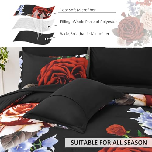 Drucon Queen Comforter Set - 7 Pieces Floral Black Soft Bedding Sets, Queen Bed in a Bag with Botanical Red Flowers Comforter, Sheets, Pillowcases & Shams - Image 4