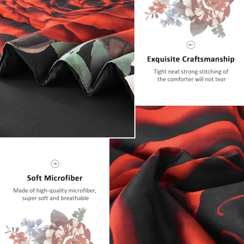 Drucon Queen Comforter Set - 7 Pieces Floral Black Soft Bedding Sets, Queen Bed in a Bag with Botanical Red Flowers Comforter, Sheets, Pillowcases & Shams - Image 5